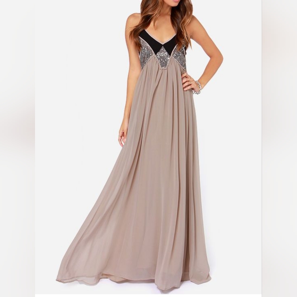 Lulus Top Of The World Taupe Black Sequin Cocktail Party Formal Maxi Dress Small